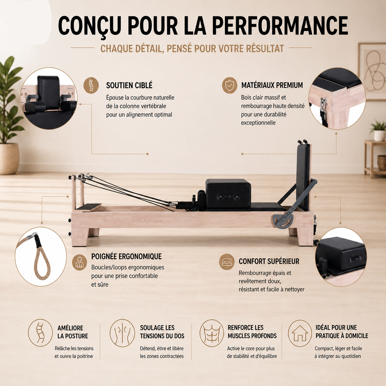 Pilates Reformer Classic en Bois Massif | Modèle Fixe