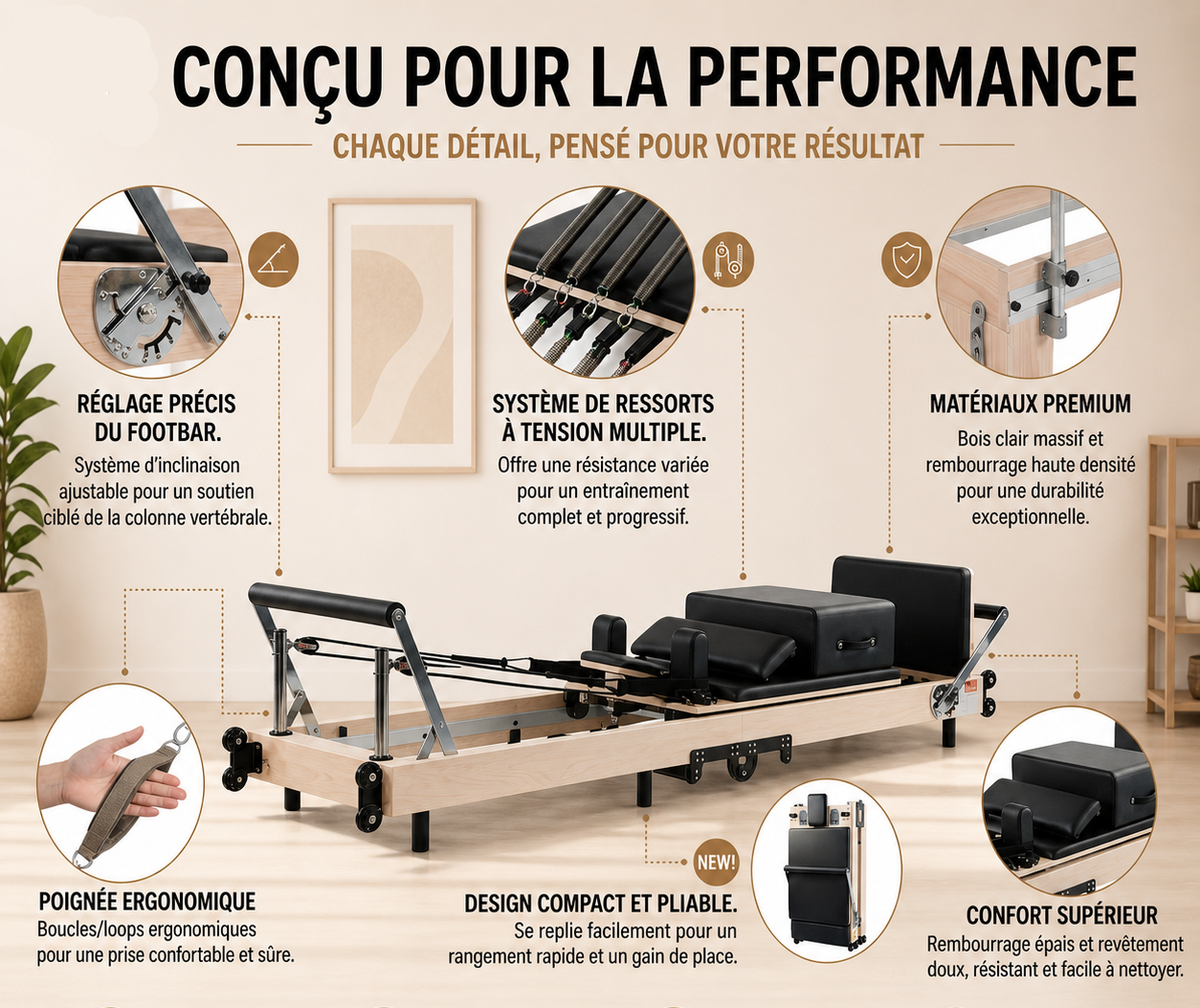 Pilates Reformer Pliable en Érable Massif | Premium