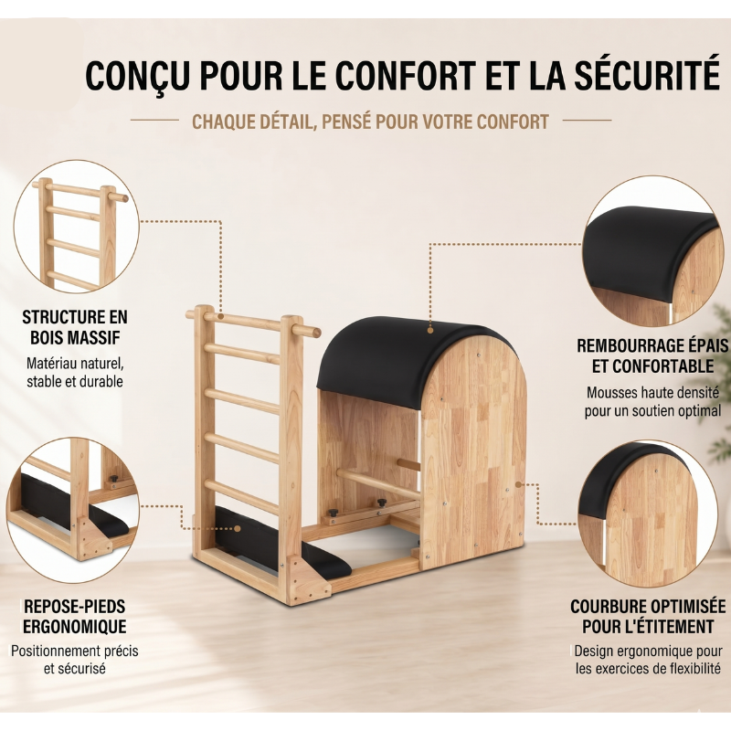 Ladder Barrel Pilates en bois massif avec mousse haute densité et design ergonomique pour exercices de flexibilité